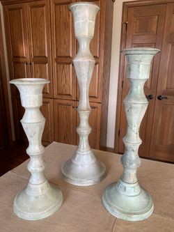 RUSTIC METAL PILLAR CANDLE HOLDERS,SET OF 3,LIGHT GREEN, 15,18,24 INCHES HIGH