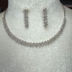 Silver-Tone Rhinestone Necklace Earring Set Wedding Bridal