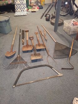 Lot of Garden Tools – Shovels, Rakes, Saw