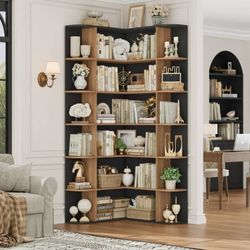 73.9” Tall Corner Bookcase, 6 Tier L-Shaped Large Display Bookshelf with Curve