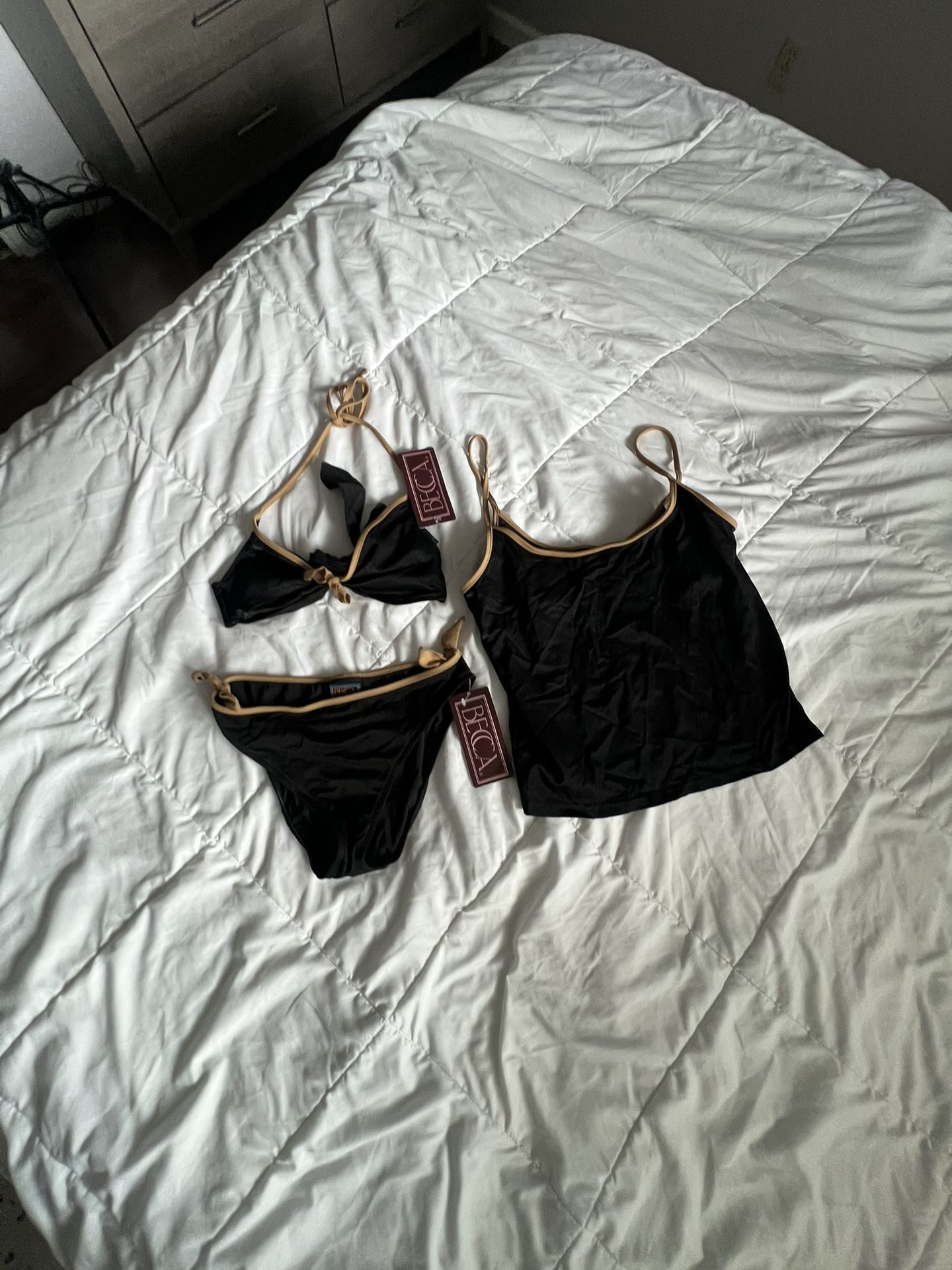 Becca swim black and nude bow tie three piece bikini set XS / S NWT