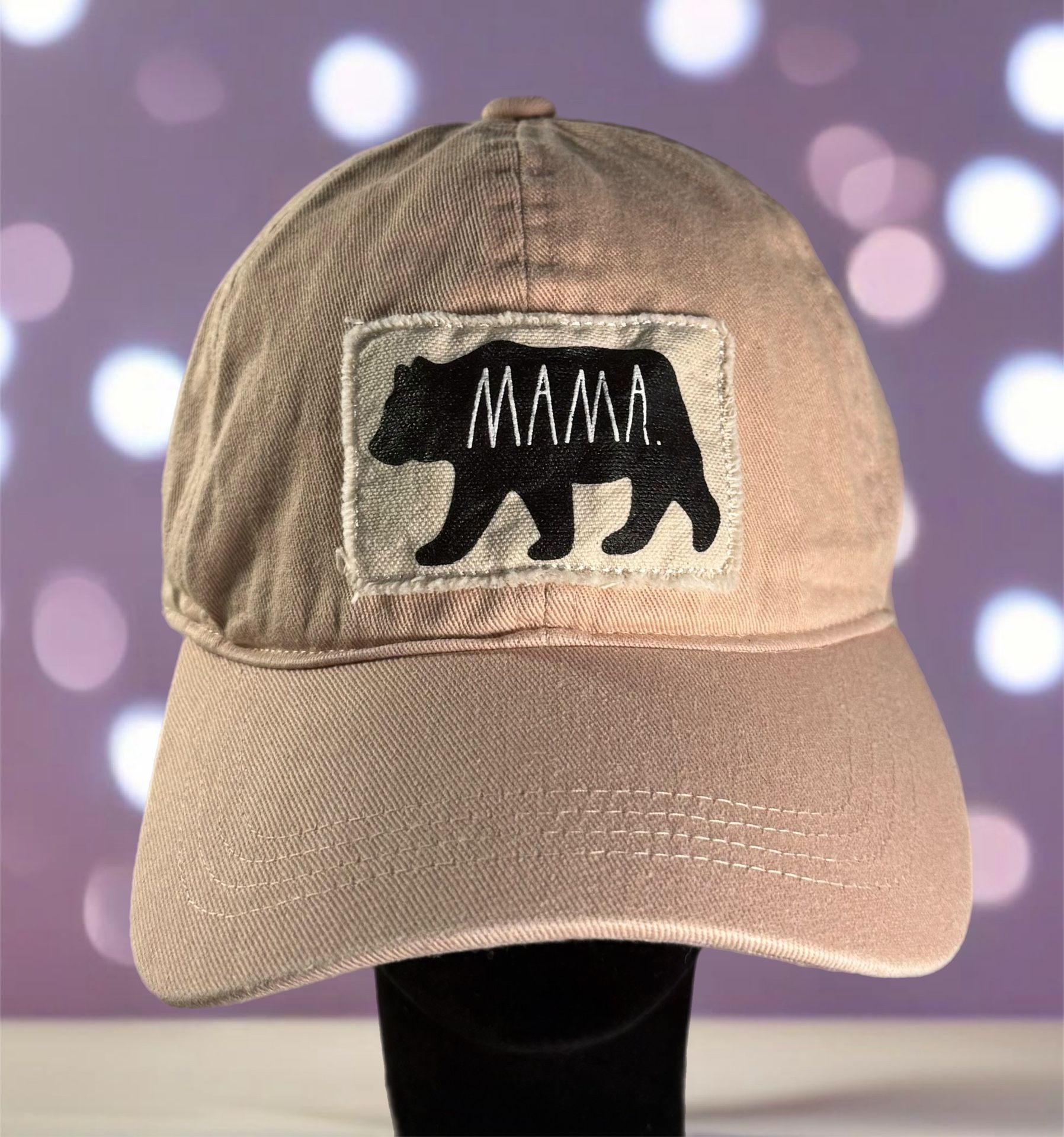 Rae Dunn Womens MAMA Bear Baseball Cap Hat Pink Denim Logo Patch Adjustable EUC