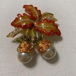 Vintage Joan Rivers Signed Enameled, Gold-Tone, Rhinestone, and Faux Pearls. Oak Leaf Brooch.