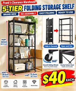 5-Tier Folding Storage Shelf Heavy Duty Metal Rack with Wheels No Assembly Required Home Organizer