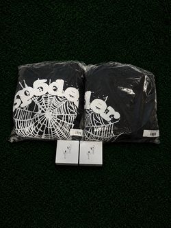 2 medium black and white sp5der hoodies and 1 pair of airpod 4’s ANC