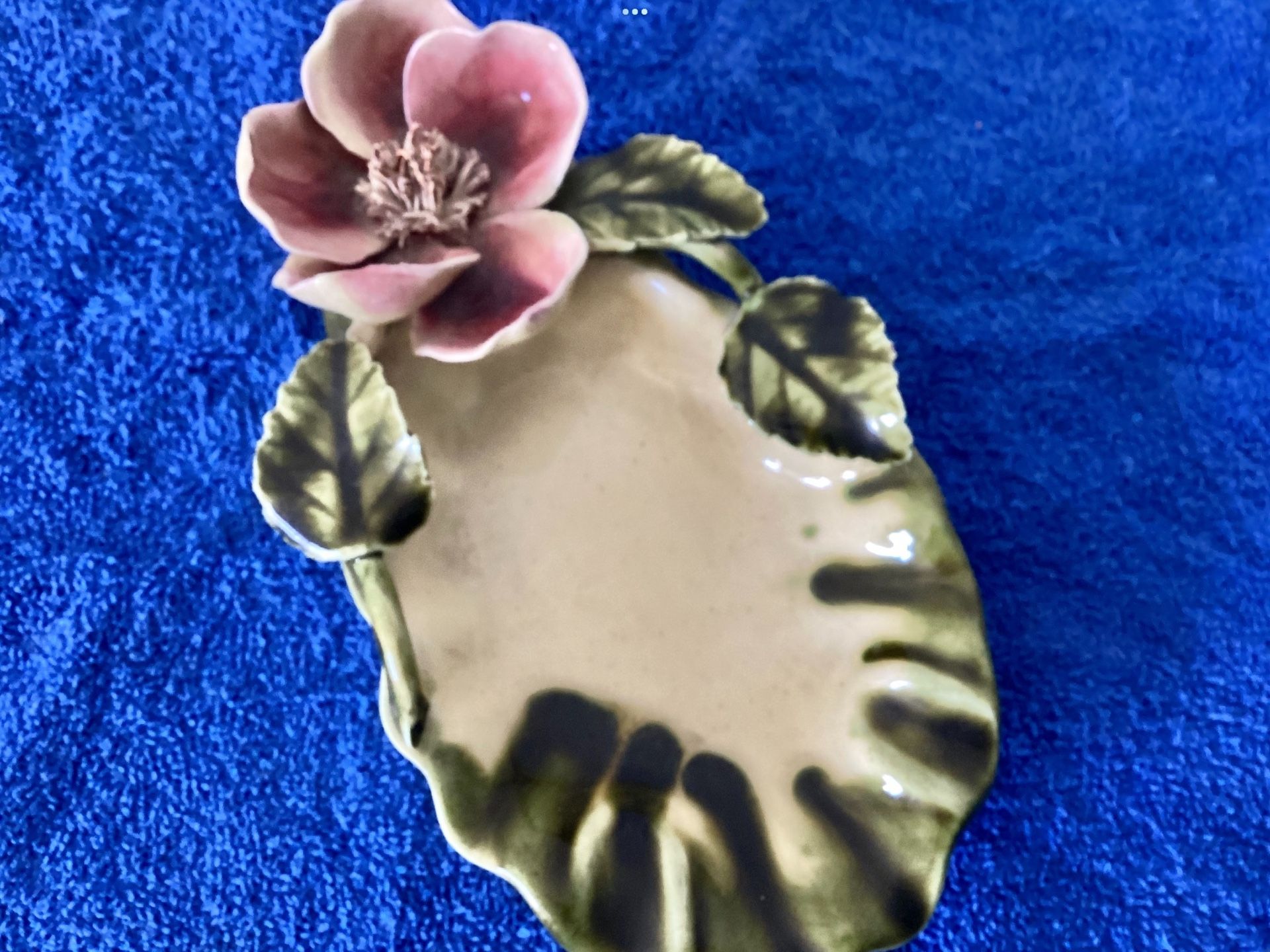 1940s Art Nouveau Style Porcelain Dish / Ashtray + Bowl Applied Magnolia Hand Painted Flowers