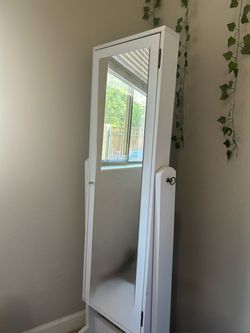 White Floor Standing Mirror Jewelry Cabinet