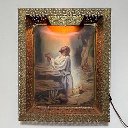 Vintage Brass Filigree Light Up Wall Frame Jesus Christ At Gethsemane And Agony In Garden 3D Hologram Lenticular Art Made In Japan