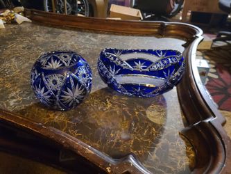 Cobalt Blue Cut Crystal Bowl and Vase Set