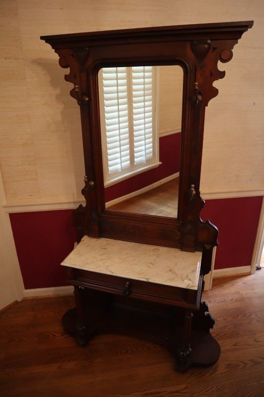 Antique Victorian Hall Tree w/ Marble Top & Mirror – Eastlake Style