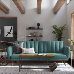 Brittany 82 Inch Futon Sofa Bed in Faux Leather, Upholstered Couch Sleeper with Tufted Back, Mid-Century Modern Design