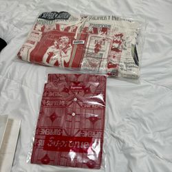 SUPREME Tray Jacquard Shirt (RED, LARGE) / SUPREME Collage Zip Up Hooded Sweatshirt (WHITE, LARGE)