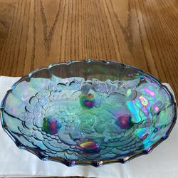 Vintage Blue Glass Harvest Grape Footed Fruit Bowl