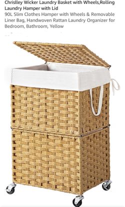 Chrislley Wicker Laundry Basket with Wheels,Rolling Laundry Hamper with Lid 90L Slim Clothes Hamper with Wheels & Removable Liner Bag, Handwoven Ratta