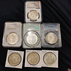 Lot Of  7  Morgan Silver Dollars One Uncirculated CC Morgan 