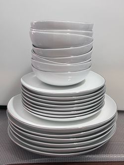 22pcs West Elm Organic Shaped White w/Silver Trim Porcelain Dinner, Salad Plates & Cereal Soup Bowls