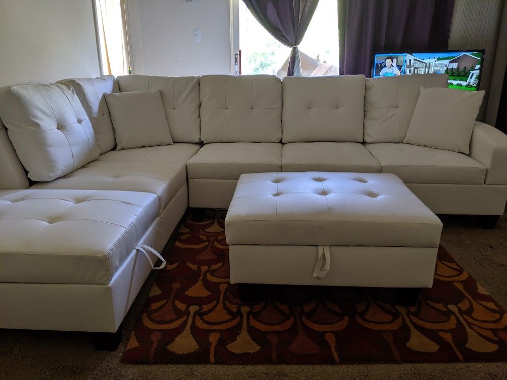 White Leather Sectional and Storage Ottoman *BRAND NEW-IN-BOX*