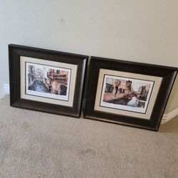 PAIR OF 22" x 26" GALLERY WOOD GLASS FRAMED ART VENICE CANALS WATERCOLOR ARCHITECTURE LANDSCAPE PRINTS ARTIST SIGNED