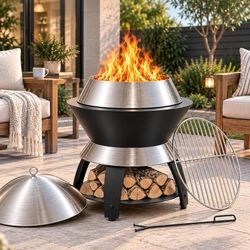 C438 $70 20 Inch Smokeless Firepit, 2 in 1 Stainless Steel Potable Fire Pits Outdoor Fire Pit with Waterproof Lid, Removable Ash Pan, Handbag for Out