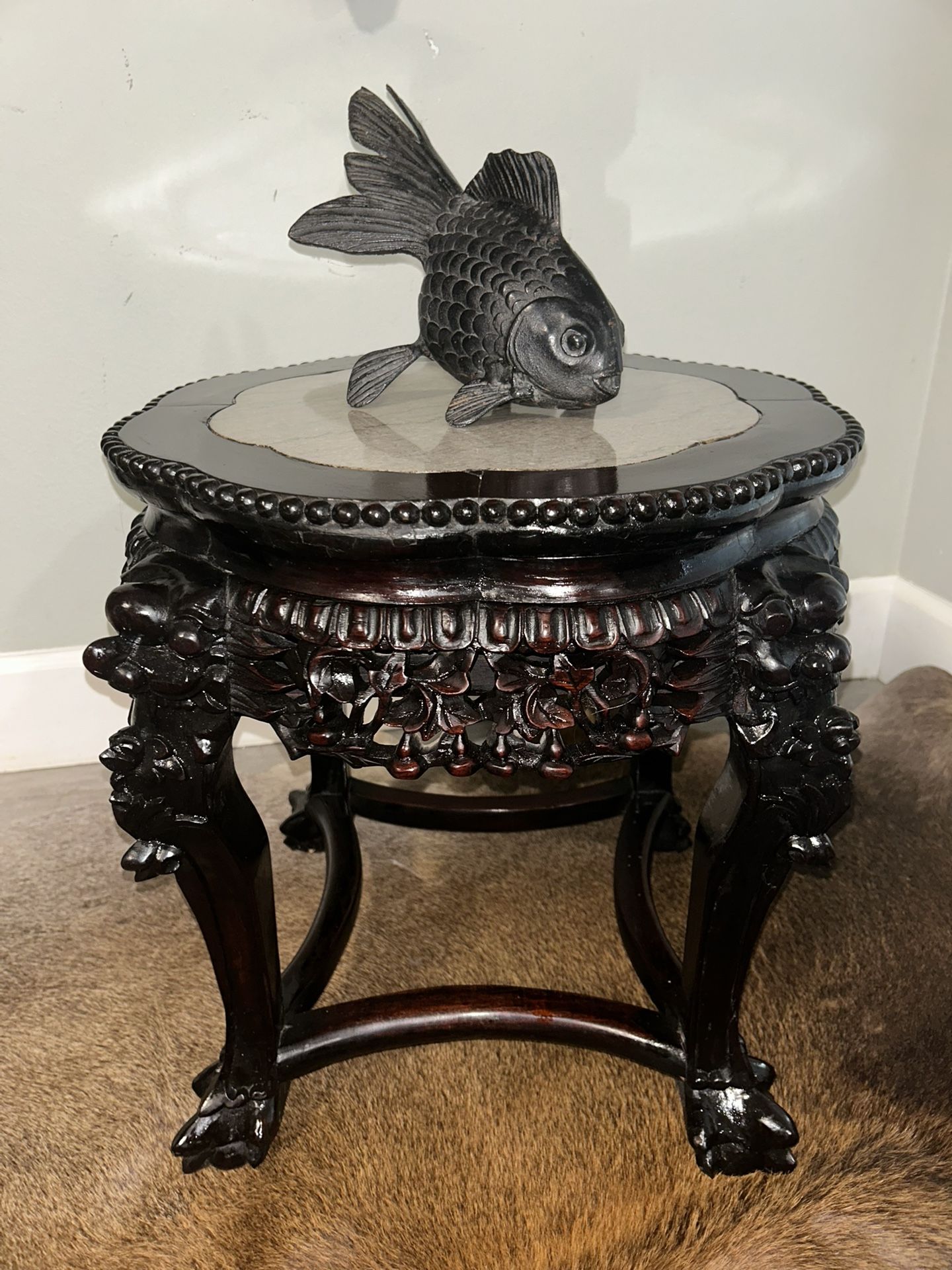 Antique Chinese Hand Carved Rosewood Table with Marble Top