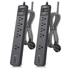 2 Pack Power Strip Surge Protector - 5 Widely Spaced Outlets 3 USB Charging Ports, 1875W/15A 6Ft Braided Extension Cord, Flat Plug Overload Protection