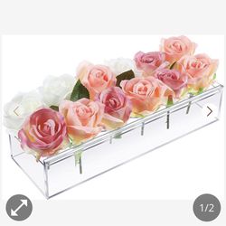 Brand New Clear 12” Acrylic Flower Vase Rectangular Floral Centerpiece, 12 Inches Long Low Vases With Holes For Dinning Table, Home Decor