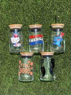 16oz Glass Can Cups w/ Bamboo Lid & Glass Straw | Hello Kitty, Stitch, Cats & More