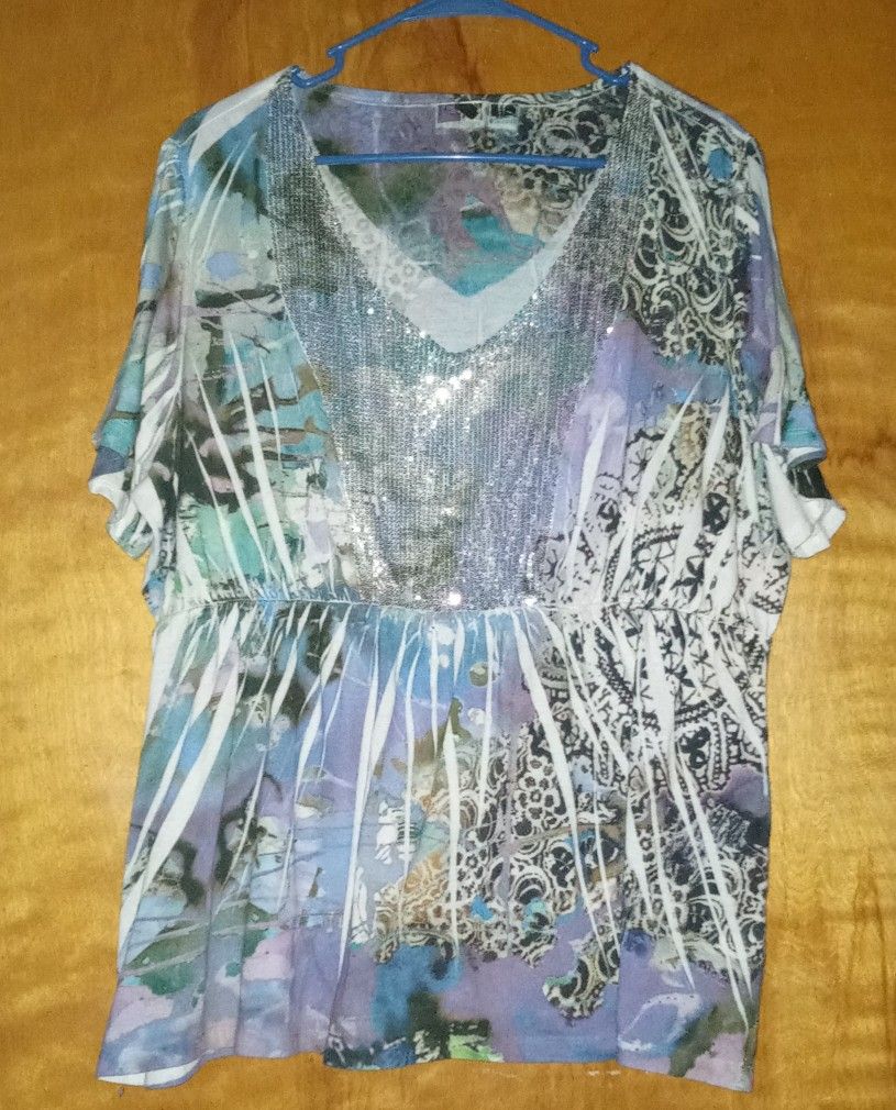 Cato Women's Size 22/24 Boho Abstract Sequined Short Sleeve Tunic Blouse
