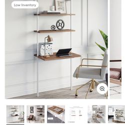 Wood Wall Mount Ladder 2-Shelf Desk Oak
