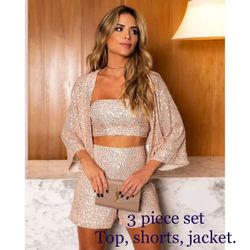 NEW Size S/M 3 Piece Set Sequins Shorts, Top, Jacket