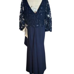 K208001 Long V-neck Sequin Lace & Stretch Crepe MOB Dress with Sleeves 