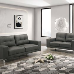 Brand New Grey Leather Modern Style Sofa & Loveseat