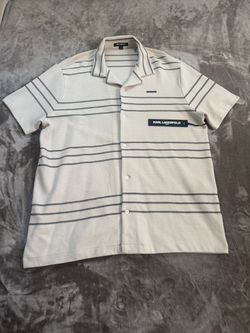 Karl Lagerfeld Paris Men's XL Beige/Gray Striped Short Sleeve Button-Up