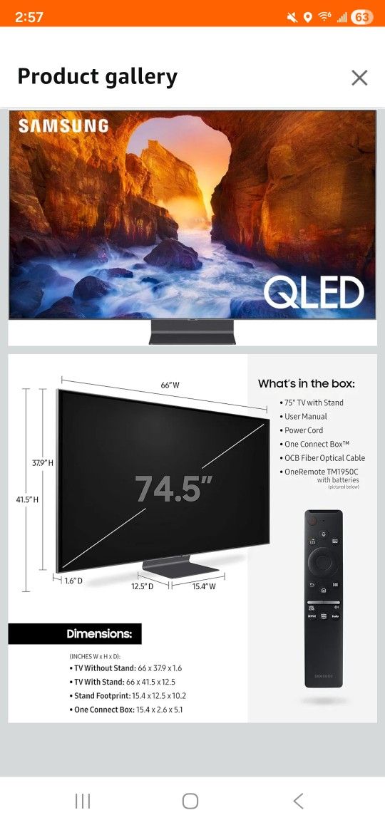 Samsung 75” Q90R QLED 4K Smart TV (Model # QN75Q90RAFXZA