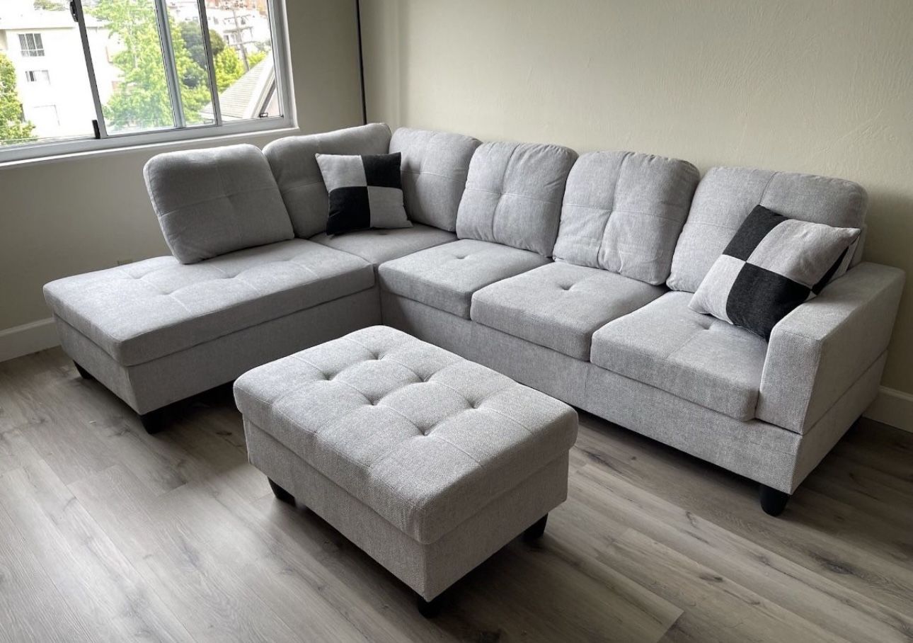 Gray Linen Sectional Couch And Storage Ottoman