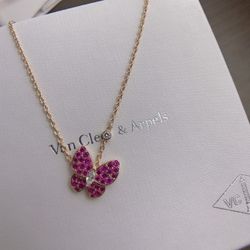 Van Cleef & Arpels Rose Gold Pink Diamond Butterfly Single Flower Necklace
