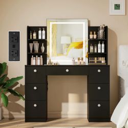 LED Vanity Desk with Glass Top, 7 Drawers, Charging Station & Lighted Mirror