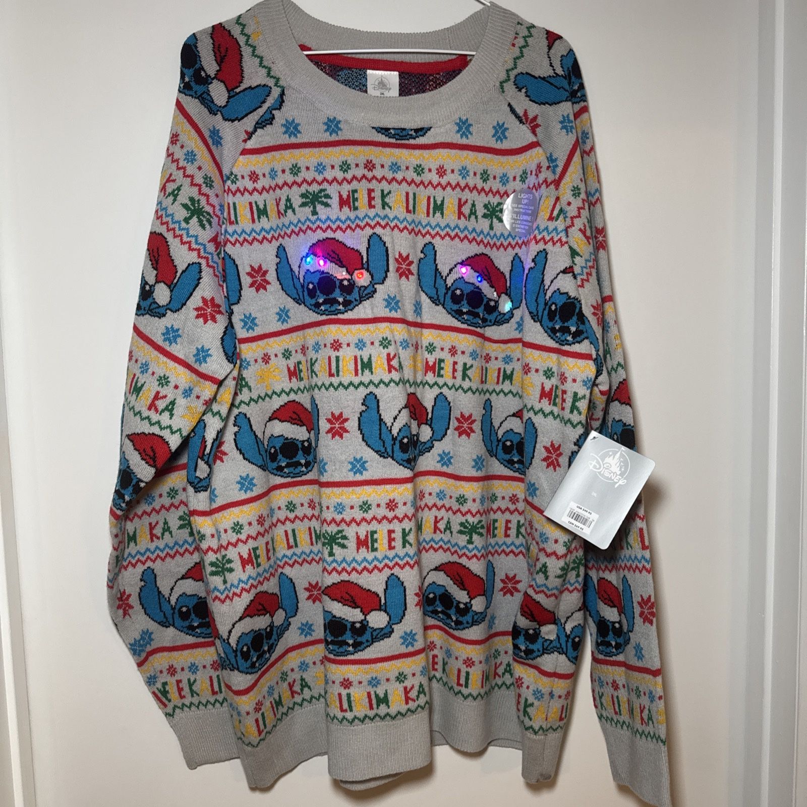 NWT Disney Lilo Stitch Christmas Sweater Santa Hat Lights Up