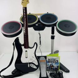 Xbox 360 Rock Band 2 Drum Set Guitar Fender Bundle Mic Game