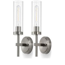 New Brushed Nickel Hardwired Wall Sconces Set of 2 – Modern Bathroom Vanity Light Fixtures, Farmhouse Wall Mount Lamps