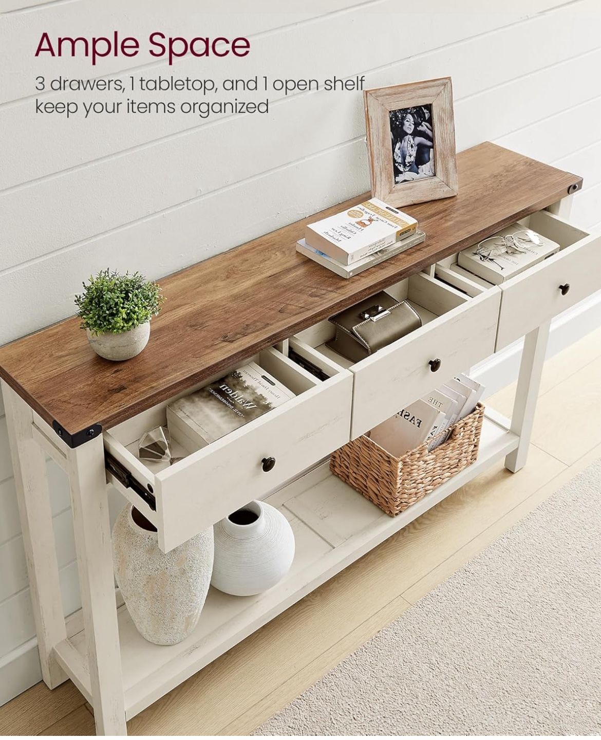 Console Sofa Table, Narrow Entryway Table with 3 Drawers, Open Storage Shelf, Metal Corners, for Living Room, Farmhouse Style, Honey Brown and Rustic 