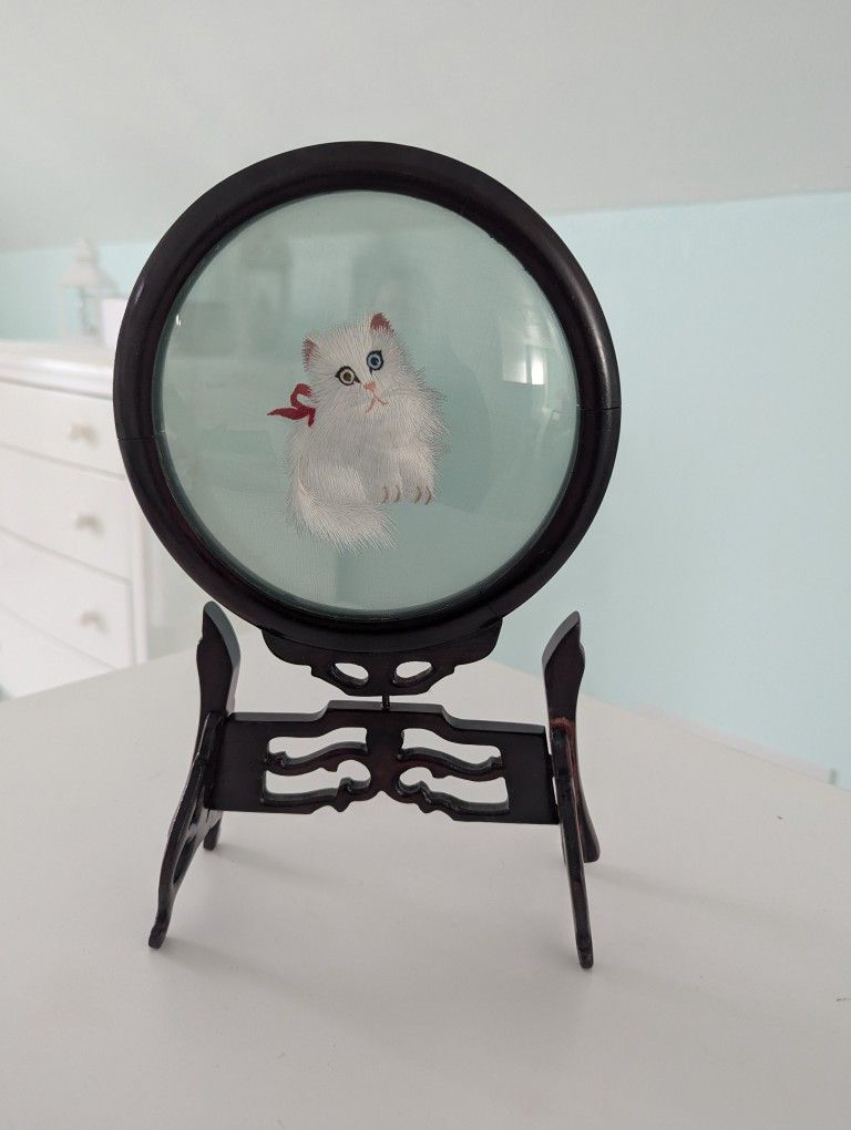 Vintage Chinese Silk Embroidered Cat Two Sided Glass Frame On Stand with Box