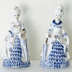 Vintage Porcelain Lady Figurines Blue White Hand Painted w/ Gold SET OF TWO 6”T