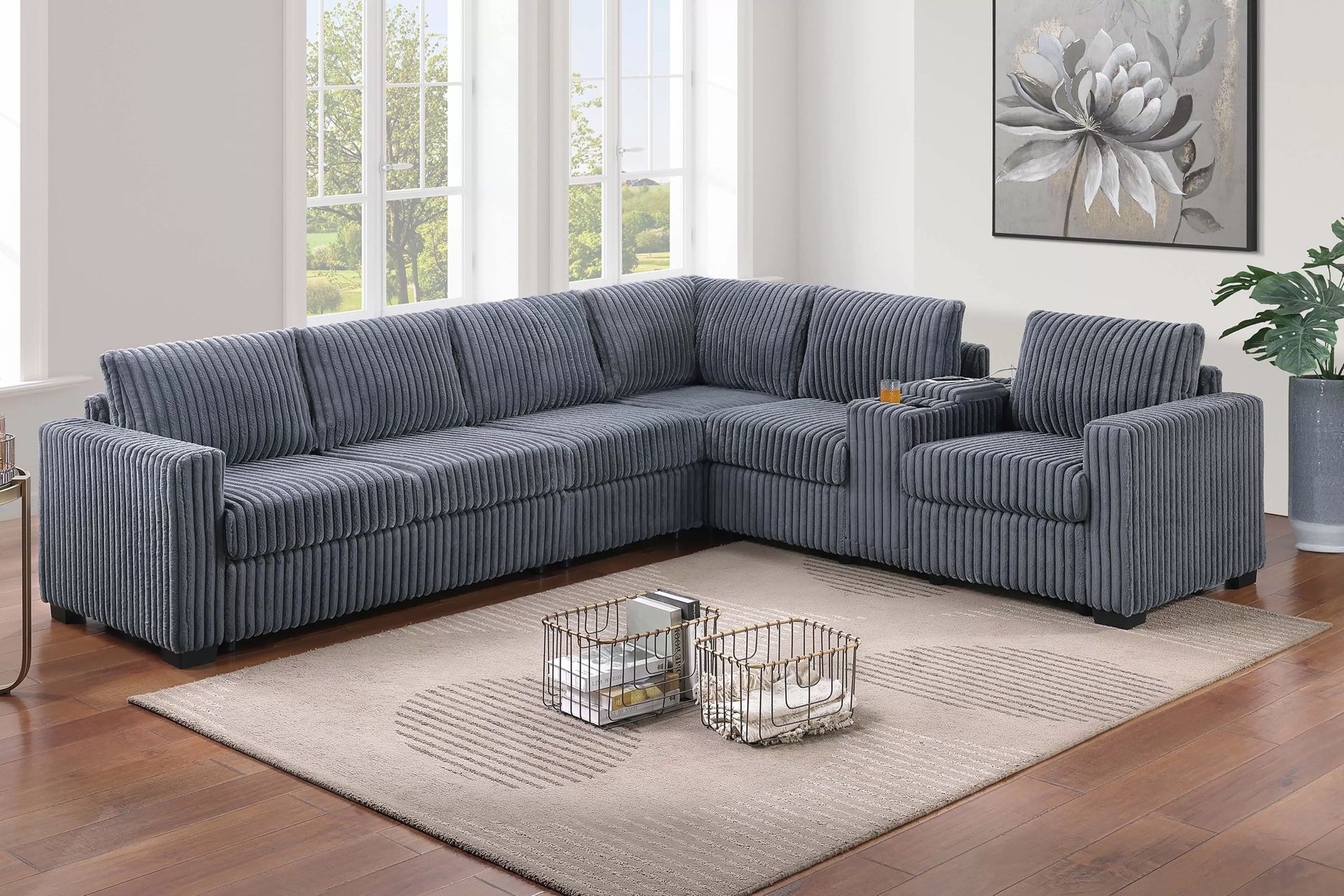 Grey Sectional With Cup Holders Corduroy Brand New In Box Firm Price $620