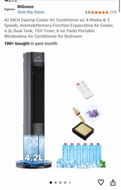 42-Inch Portable Evaporative Tower Cooling Fan with 4.2L Double Tanks (Black)
