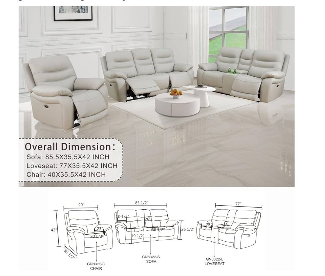 Light Grey Leather 3-piece Sofa Set