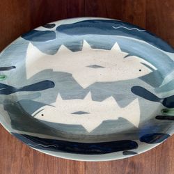 Ceramic Fish Serving Tray Bowl Platter Green Blue