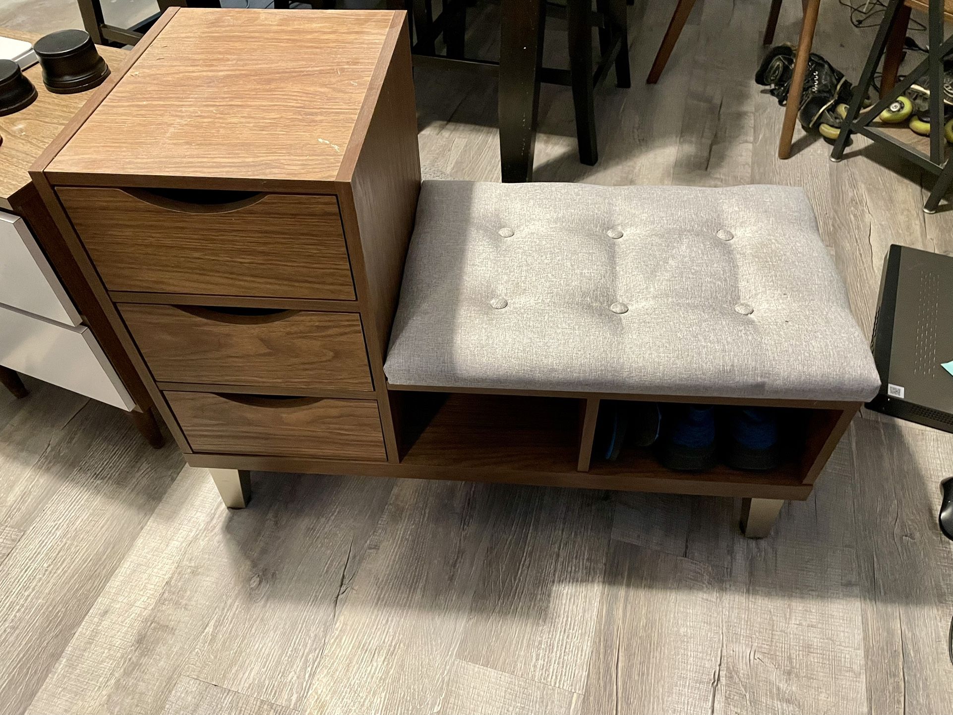 Baxton Studio Arielle Modern And Contemporary Walnut Wood 3-Drawer Shoe Storage Grey Fabric Upholstered Seating Bench With Two Open Shelves