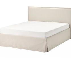Queen Upholstered Bed Frame – Beige/Gray (Convertible Cover + Wooden Base)