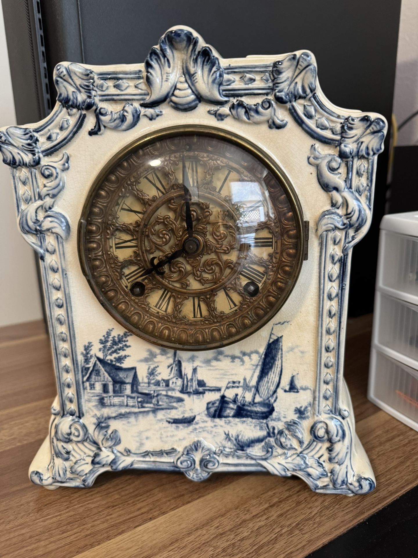 Antique Ansonia Pawnee Porcelain Mantle Clock Blue & White Delft Scenic